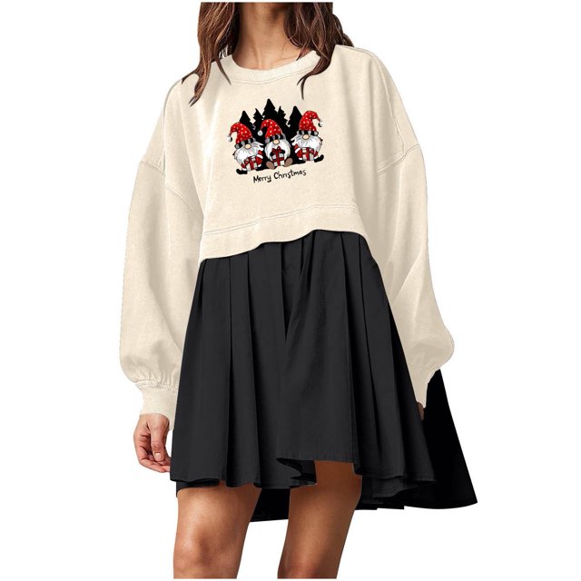 Pisexur Robes de Noël pour Femmes Mode Imprimé Noël Robes de Vacances Décontractées Col Rond Manches Longues Robe Fluide à Étages Mini Robe de Fête