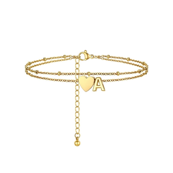 PROSTEEL Initial Heart Anklet for Women Double Layered Waterproof 14K Gold Plated Ankle Bracelets Summer Holiday Gift for Girlfriend Wife Letter A