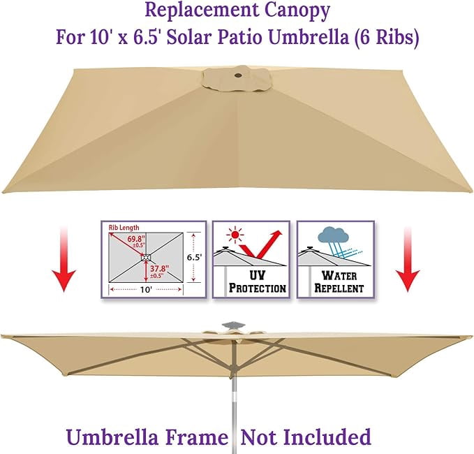 SOLAXO 6-Rib 10'x6.5' Solar Patio Umbrella Replacement Canopy cover for Outdoor