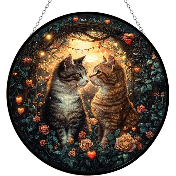 Personalized Floral Realistic Cat Couple Valentine’S Day Stained Glass Suncatcher Stained Glass Window Hangings Birthday Gift for Mom Grandma Teacher Women Friend Memorial Hook