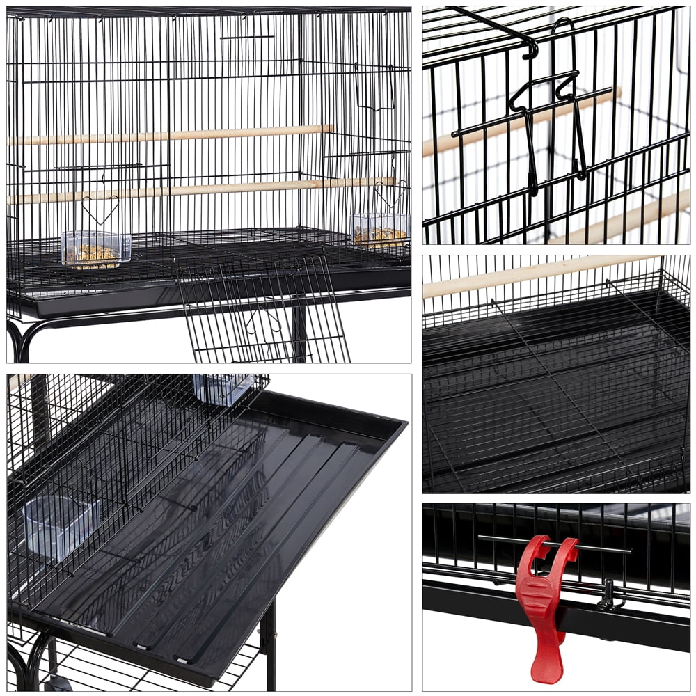 Alden Design 47" Metal Bird Cage with Slide-Out Tray and Rolling Stand, Black