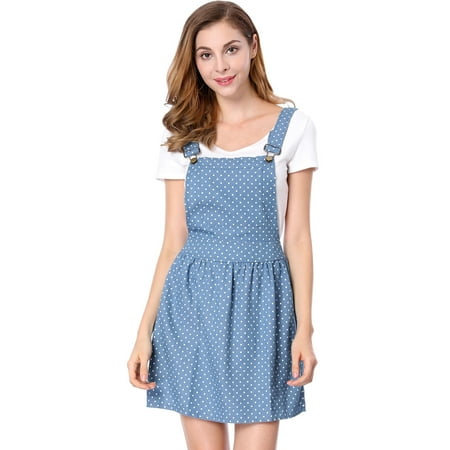 Women's Dots Pattern Adjustable Shoulder Straps Denim Overall Dress Blue (Size S / (Best Wedding Dress For Man In Indian)