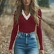 thumbnail image 2 of Conjuntos de otoño para mujer,Blusa informal de poliéster con cuello en V y manga corta para mujer, ideal para usar en cualquier temporada, sopatenor, 2 of 8