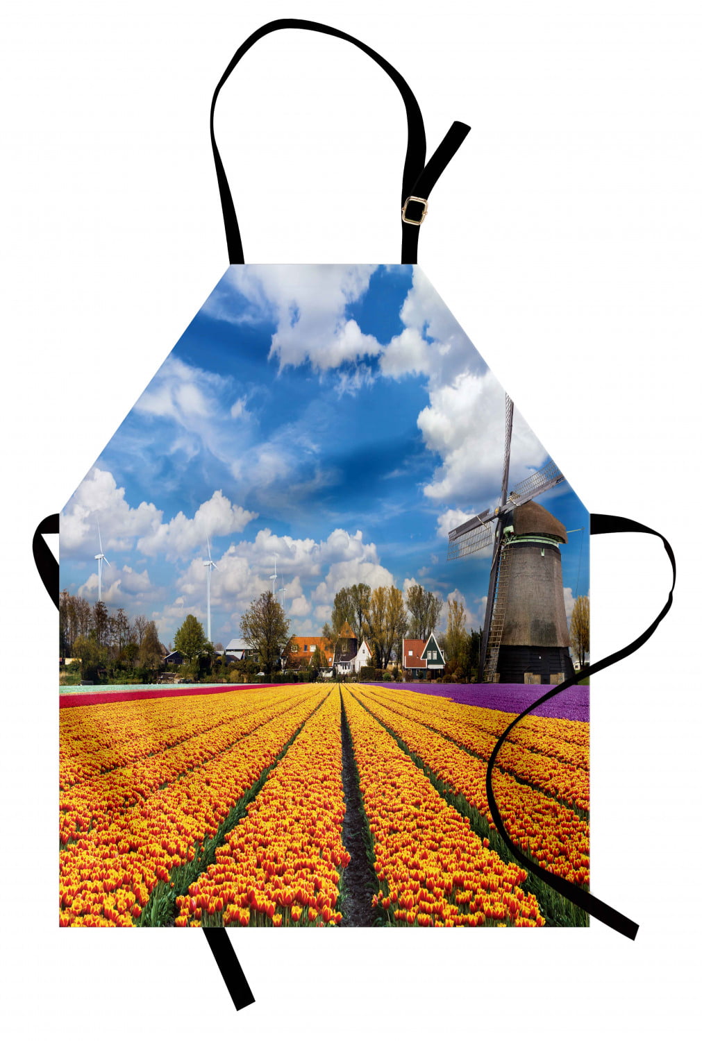Adult Size Unisex Kitchen Bib with Adjustable Neck for Cooking Gardening Tulip Blooms with Classic Dutch Windmill Netherlands Countryside Spring Picture Ambesonne Landscape Apron Yellow Blue 