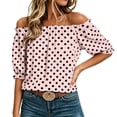 thumbnail image 2 of Yrmaups Polka Dot Off Shoulder Blouse for Women Plus Size, Ruffle Sleeve Flowy Pullover Top, Lightweight Summer Beach Vacation Daily Wear, Pink 3XL, 2 of 8