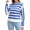 thumbnail image 4 of QAFOPEH Women's Striped Cutout Crew Neck Long Sleeve Ripped Casual Sweater, 4 of 5