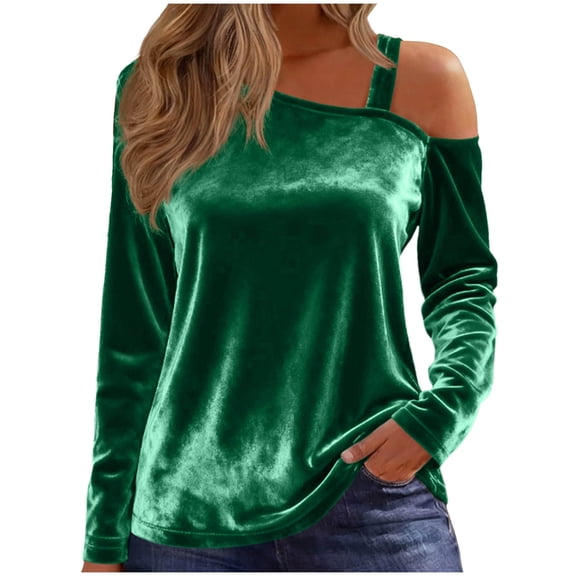 Olyvenn One Shoulder Asymmetrical Tops for Women Velvet Long Sleeve Going Out Night Party Shirt Spring Fashion Casual Clothes Green S