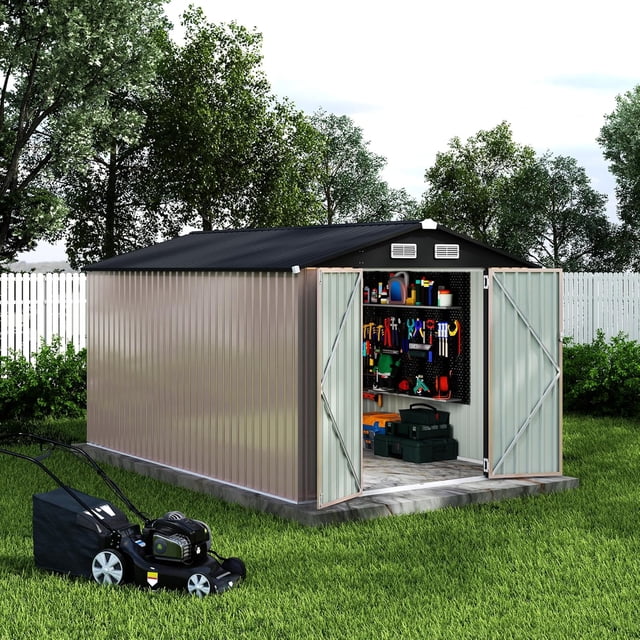 Remise de Jardin Extérieure Robuste pour Rangement - Bâtiment Utilitaire 8 X 12 Pi Brun Foncé - Porte Verrouillable et Évents d'Aération - Résistant aux Intempéries pour Cour Arrière, Patio (1 Pce)