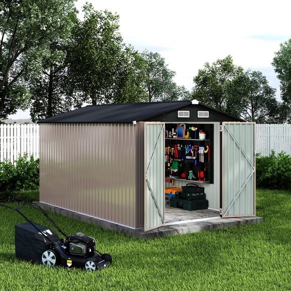 Outdoor Storage Heavy Duty Garden Shed - 8x12 FT Dark/Brown Utility Building - Lockable Door & Air Vents - Weatherproof for Backyard, Patio (1-Piece)