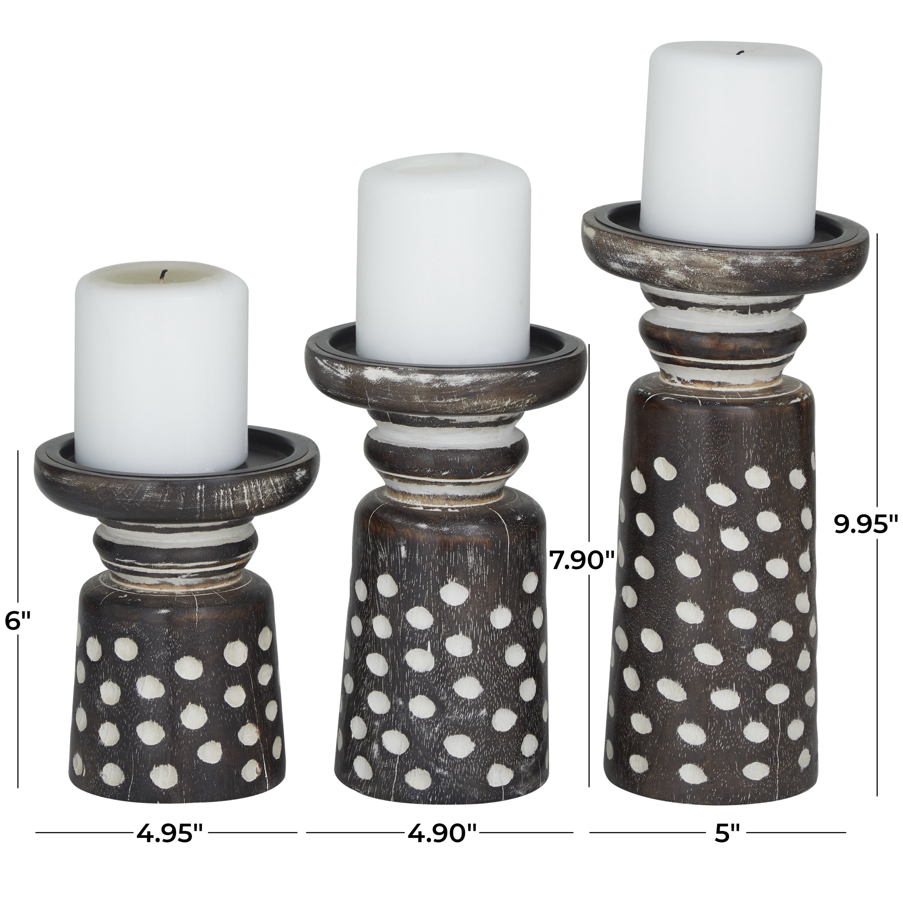 DecMode 3 Candle Dark Brown Mango Wood Round Carved Dotted Pillar Candle Holder, Set of 3