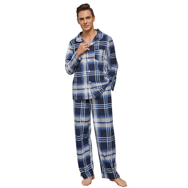 Vulcanodon Mens Soft Print Pajama Set, Plaid Pajamas for Men, Lightweight Warm PJS with Pockets(Blue-white plaid, XX-Large)