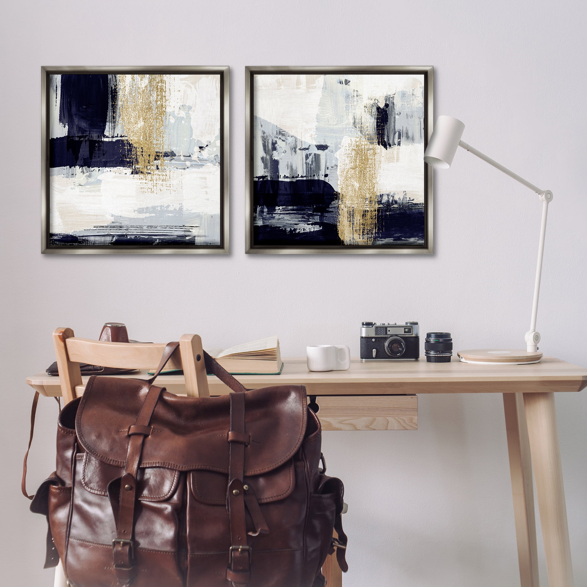 Stupell Industries Patchy Navy Gold Abstract Abstract Painting Gray Floater Framed Canvas Art Print Wall Art, 25 x 25, Set of 2