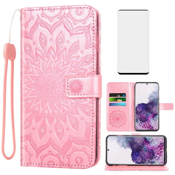 Compatible with Samsung Galaxy S20 Plus S20 5G Wallet Phone Case and Tempered Glass Screen Protector Flip Credit Card Holder Stand Flower Cell Cover for S20 5G S20plus 20S S2O S 20 20 G5 Pink