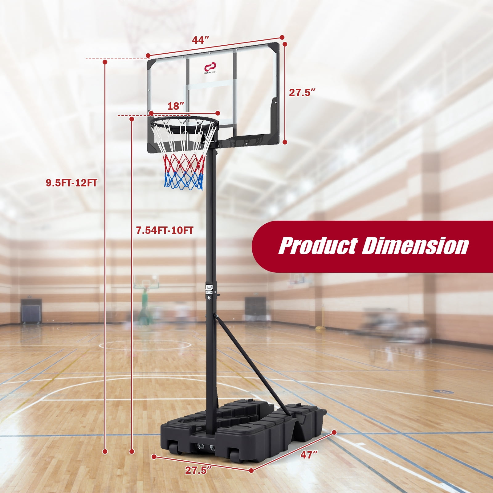 Patiojoy Foldable Basketball Hoop Stepless Adjustable Basketball Stand w/Stable Weighted Base