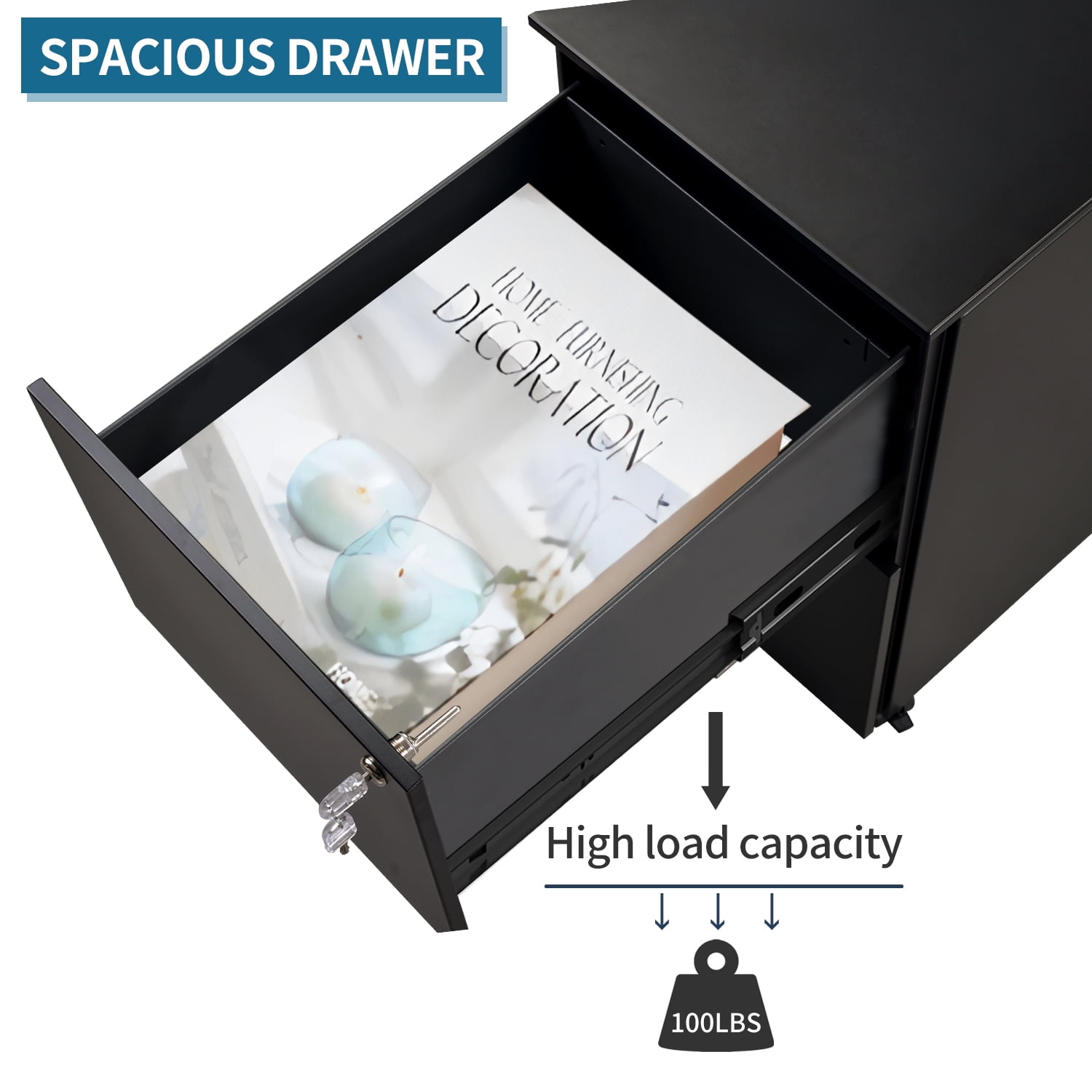 Kepooman 2-Drawer Mobile Steel File Cabinet with Lock for Legal/Letter Size, 15"L x 19.6"W x 24.4"H, Black