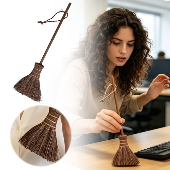 Leeye Mini Desk Broom and Dustpan Set, Small Handheld Broom for Keyboard, Natural Bristle Desktop Sweeper for Home Office Craft, Brown