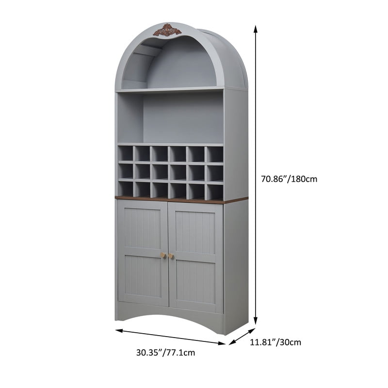 Arched Bar Wine Storage Liquor Cabinet with Removable Wine Grid, Freestanding Bookcase with Adjustable Shelves