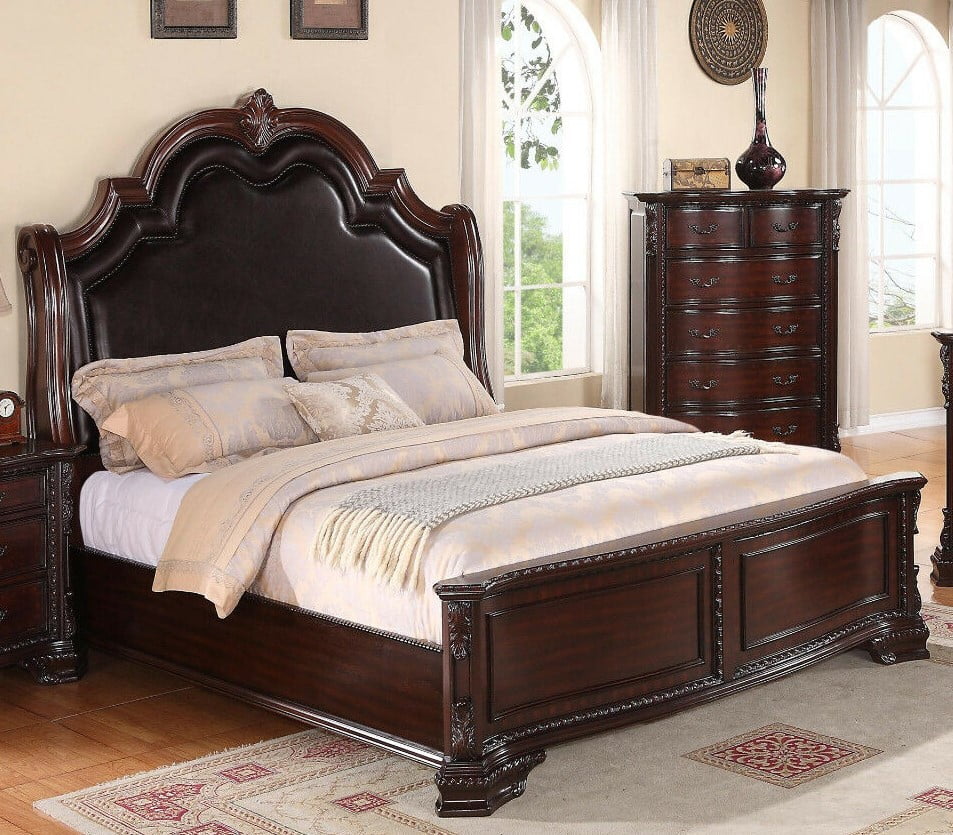 Traditional 1pc King Size Bed Set Faux, Upholstered Headboard Wooden Furniture