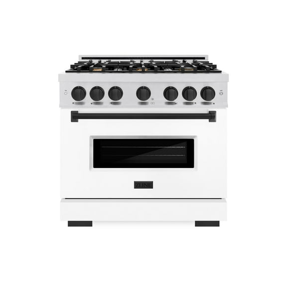 ZLINE Autograph 36" 5.2 cu. ft. Classic Dual Fuel Range with 6 Burners in Stainless Steel with White Matte Door and Matte Black Accents, CDRZ-WM-36-MB