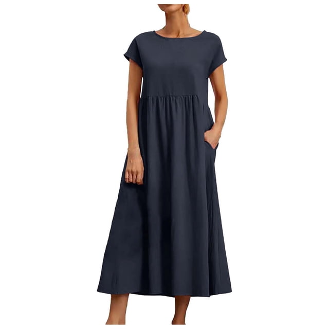 Vestido informal de lino sin mangas para mujer con bolsillos - Vestido midi de verano holgado con cuello redondo
