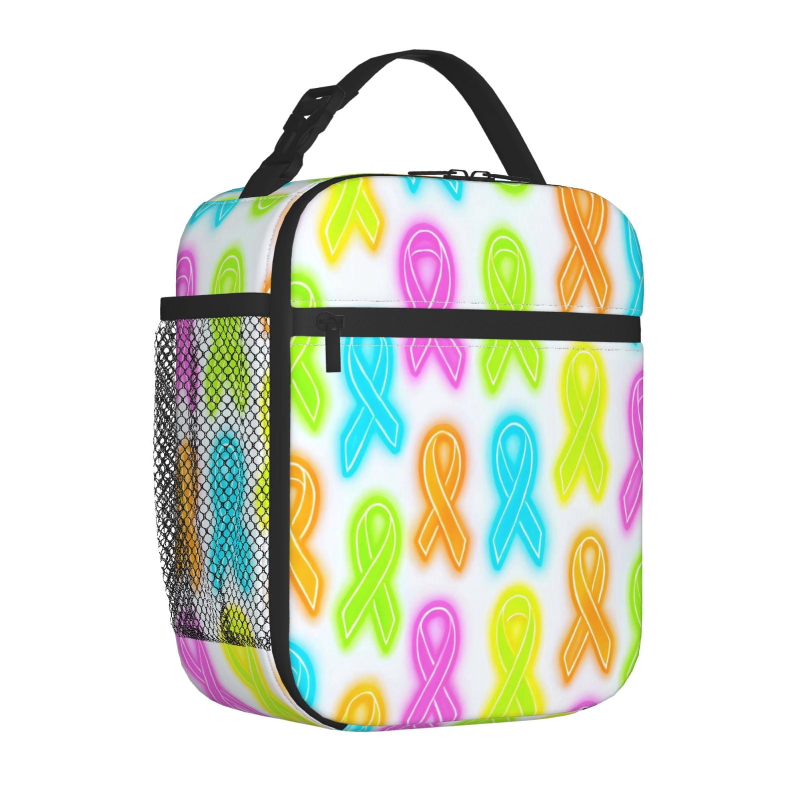 Lunch Bag For Women Men Insulated Portable Lunch Box Bento Box Office Picnic Travel Cooler Bag Cancer Awareness Ribbon Pattern - Neon Vibrance