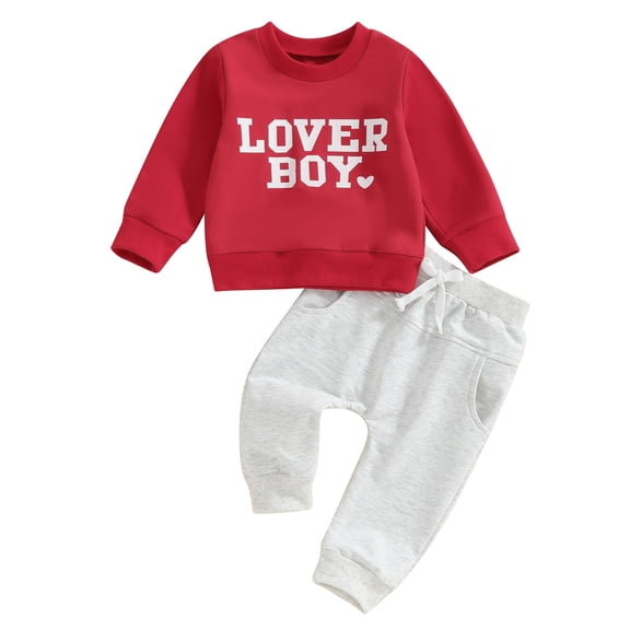 Baby Boy Valentine’s Day Outfits Long Sleeve Sweatshirt Solid Color Pants Set Toddler Clothes