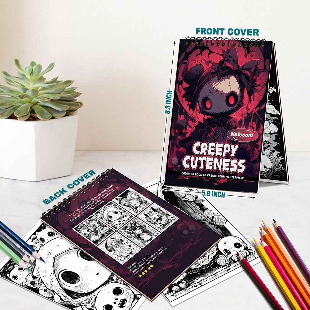 Netecom Creepy Cuteness Coloring Book Spiral Bound For Adults, A5 Wooden Cover, 30 Whimsical Coloring Pages of Adorably Spooky Creatures for Stress Relief and Relaxation