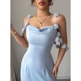 thumbnail image 6 of Blue Womens Elegant Satin Maxi Dress With Floral Strap Accents Sleeveless Sweetheart Neck, 6 of 8