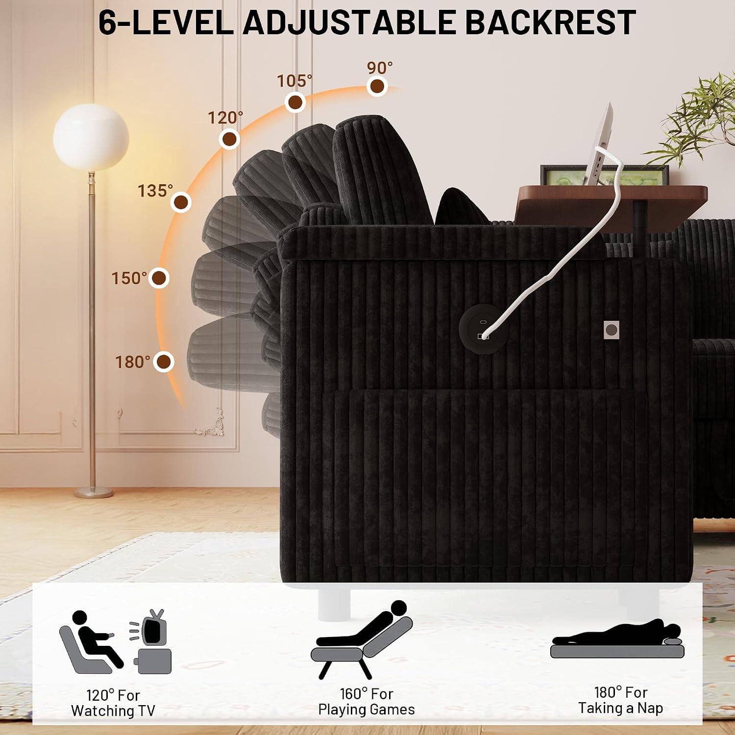 Howcool 100" U-Shaped Modular Sectional Sleeper Sofa, 7-Seat Cloud Couch with Pull-Out Bed, Storage Chaise, USB Ports, Cup Holder & Side Table, Corduroy Sofa Bed for Living Room, Black