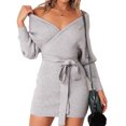 thumbnail image 5 of Tricot Mini Robe de Vêtements de Femmes Tricot Mini Robe de Batwing Manches Longues Dos Nu Wrap pour Cocktail Automne Hiver Gris S, 5 of 5