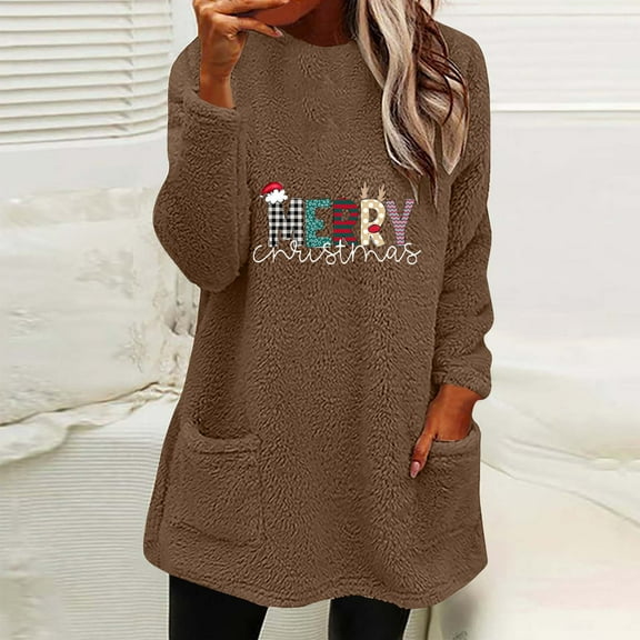 Uootdi Christmas Womens Fleece Lined Gift Long Sleeve Sweatshirts Sherpa Fuzzy Cute Tops Pullover Warm Winter Trendy Clothing F unny Xmas