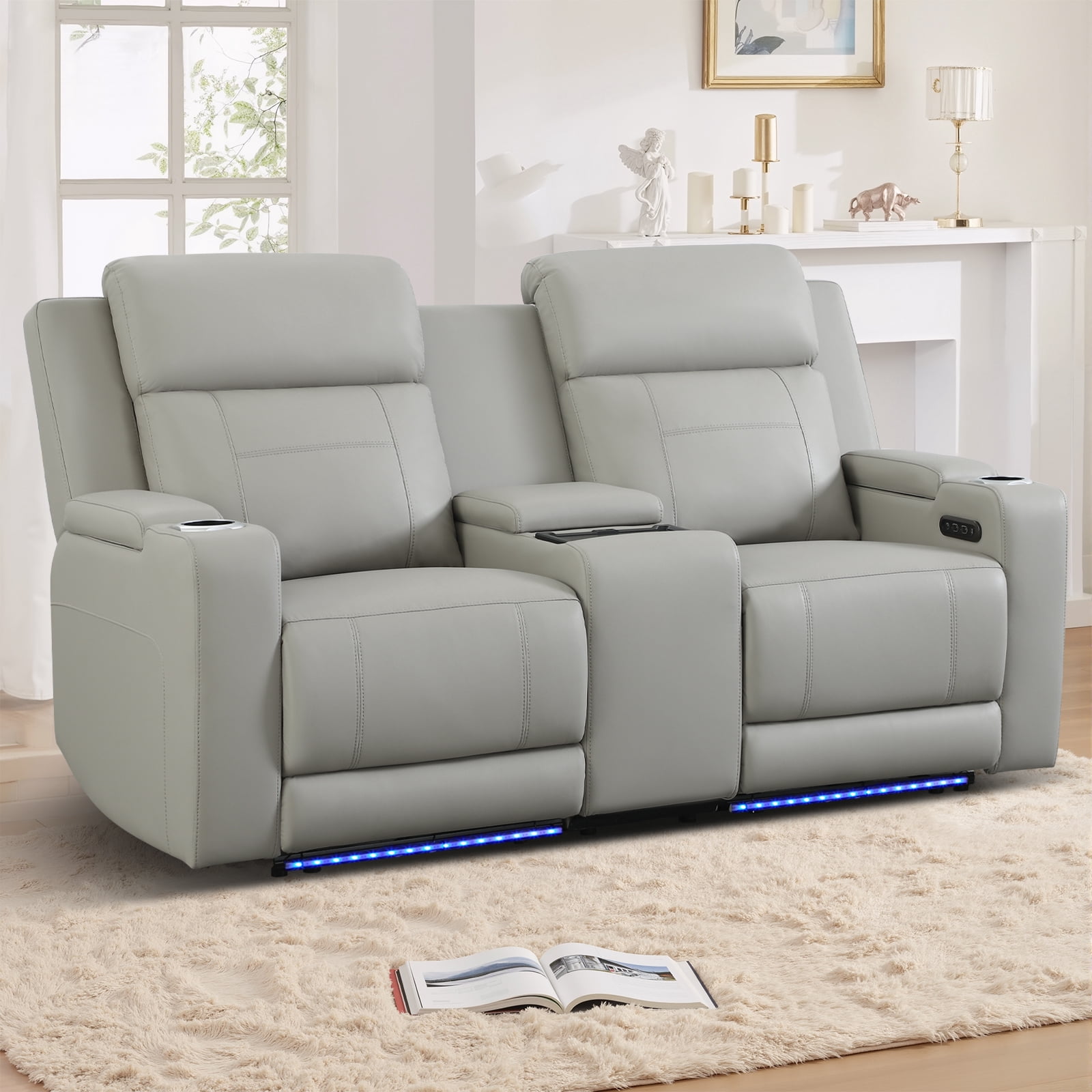Power Recliner Loveseat, Home Theater Seating with Adjustable Headrest, Blue LED Lighting, Wireless Charging, USB, Type-C, PU Leather Reclining Sofa