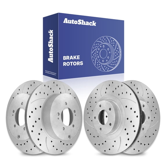 AutoShack Front Vented & Rear Solid Drilled & Slotted Silver Zinc Coated Brake Rotors 4-PC Set Replacement for 2007-2013 Mitsubishi Outlander SilverShield Pro