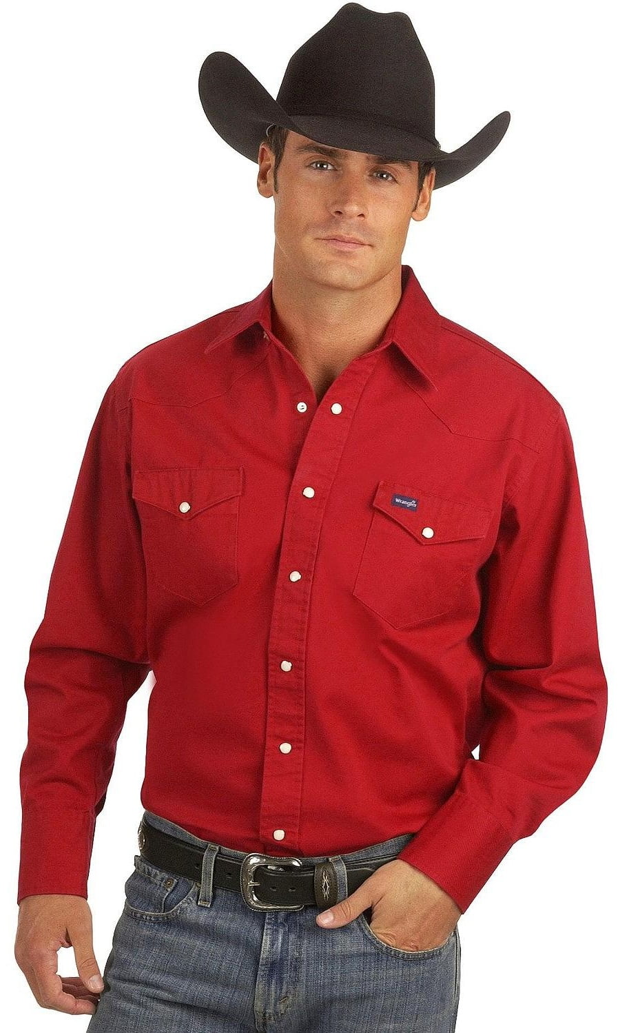 wrangler men's authentic cowboy cut work western long-sleeve firm finish  shirt,red,large 
