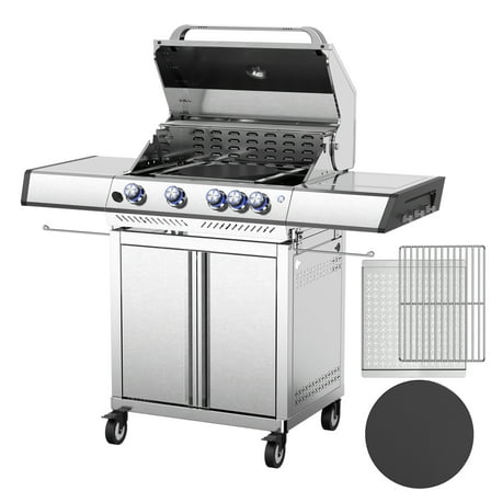 WAA 4-Burner 304 Stainless Steel BBQ Propane Gas Grill,42000 BTU Barbecue Propane Grill with Side Burner,Removable Grease Pan and Cup,Ideal for Camping, Backyard, Patio, Deck