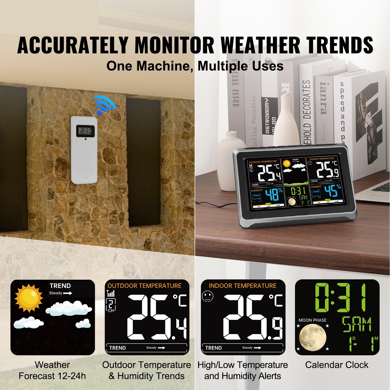Wireless Weather Station 7.5inch HD Color Screen & Automatic Time Calibration Weather Forcast for Home Life or Travel Plan ,Excellent Visual Experience