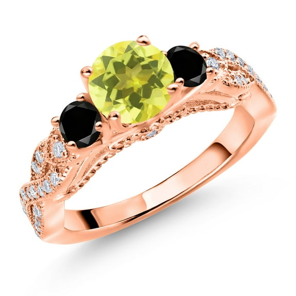 Gem Stone King 18K Rose Gold Plated Silver Canary Mystic Topaz Black Diamond and White Moissanite Engagement Ring for Women (1.47 Cttw, Gemstone, Round 6MM and 3MM, Size 6)