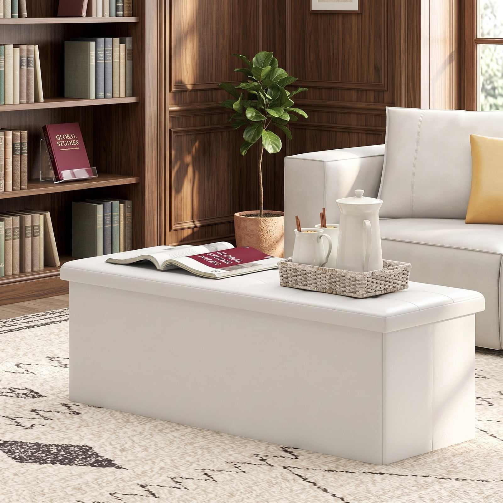 Furnibear 43 Inch Folding PU Leather Storage Ottoman Bench with Divider and Side Pocket for Living Room, Bedroom and Entryway, White