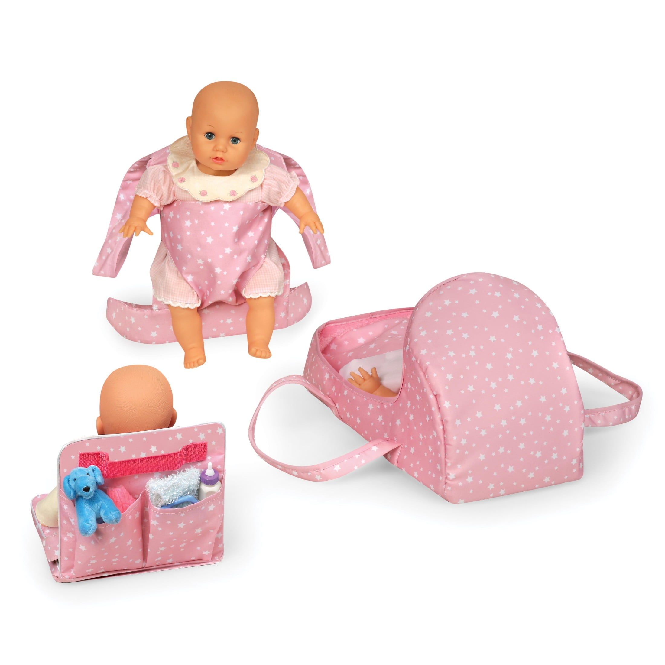 Badger Basket On-the-Go Set with Doll Booster Seat, Travel Bed & Carrier for 18 inch Dolls - Pink