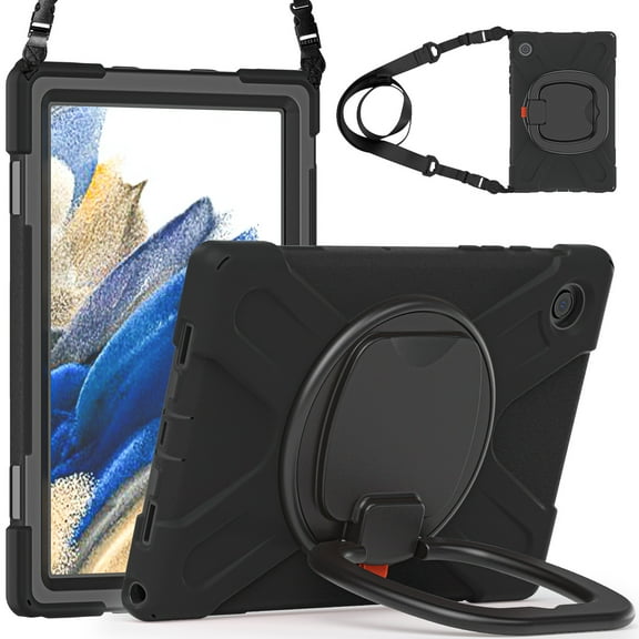 For Samsung Galaxy Tab A8 10.5 inch SM-X200/SM-X205 Case, 360 Rotatable Handle Stand, Shoulder Strap, Drop-Proof Design, Black