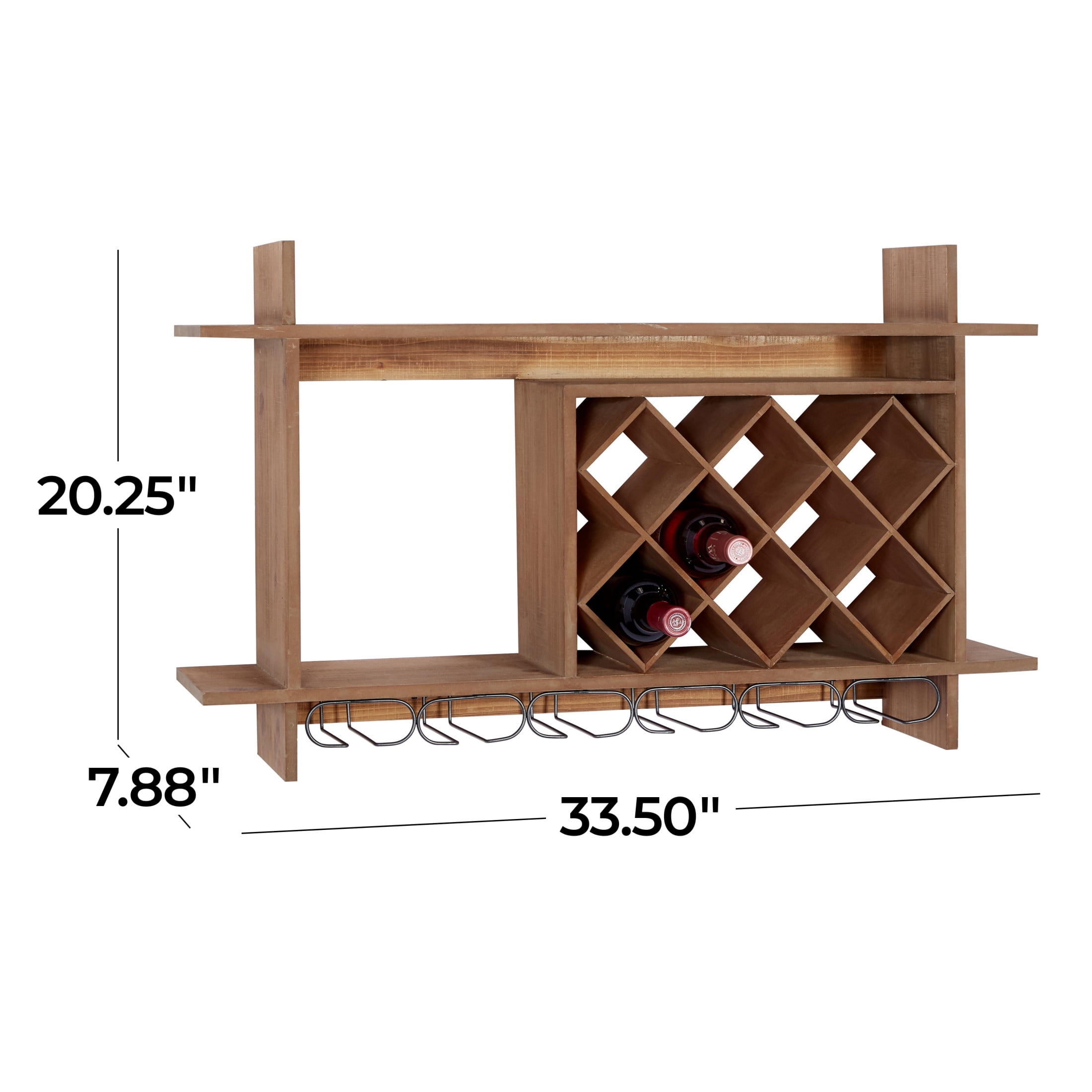 DecMode 34" x 20" Brown Wood Geometric 8 Bottle Wall Wine Rack with 6 Glass Holder Slots, 1-Piece