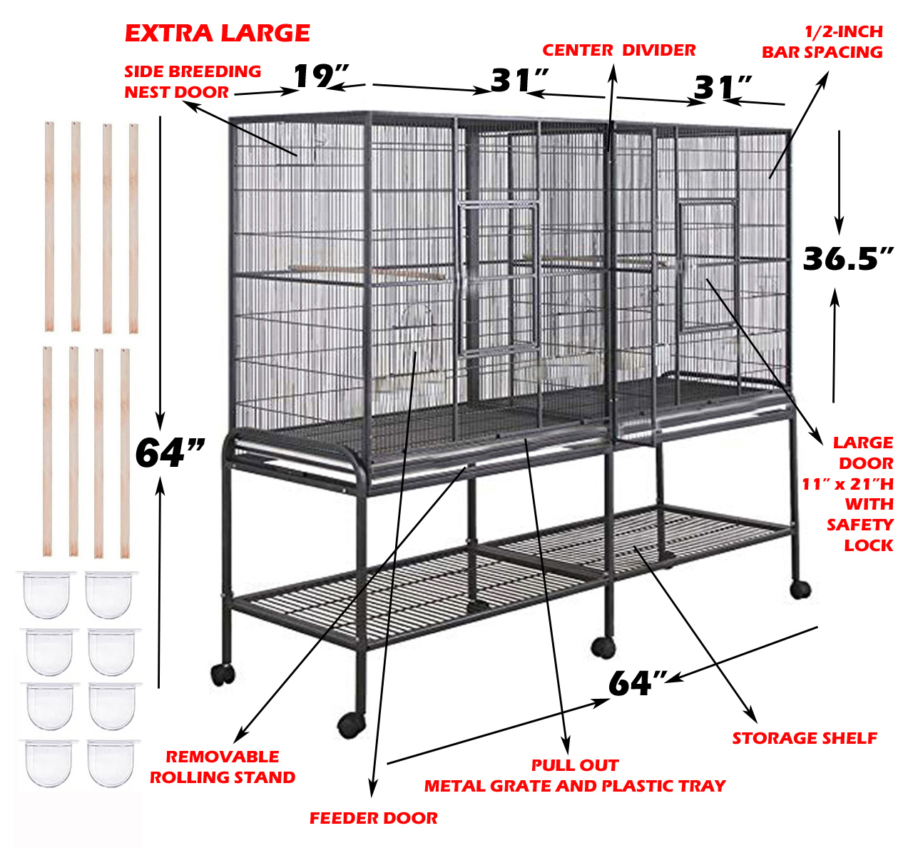 Deluxe X-LARGE Double Flight Bird House Breeding Breeder Cage With Center Divider Side Nest Box Doors Removable Rolling Stand Canary Parakeet Cockatiel Lovebird Finches