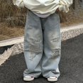 thumbnail image 4 of MKOSPLRT 2-14 Years Ripped Jeans for Girl Elastic Waist Distressed Jeans Baggy Straight Wide Leg Jeans Retro Jeans with Pocket Gifts for Kid, 4 of 6
