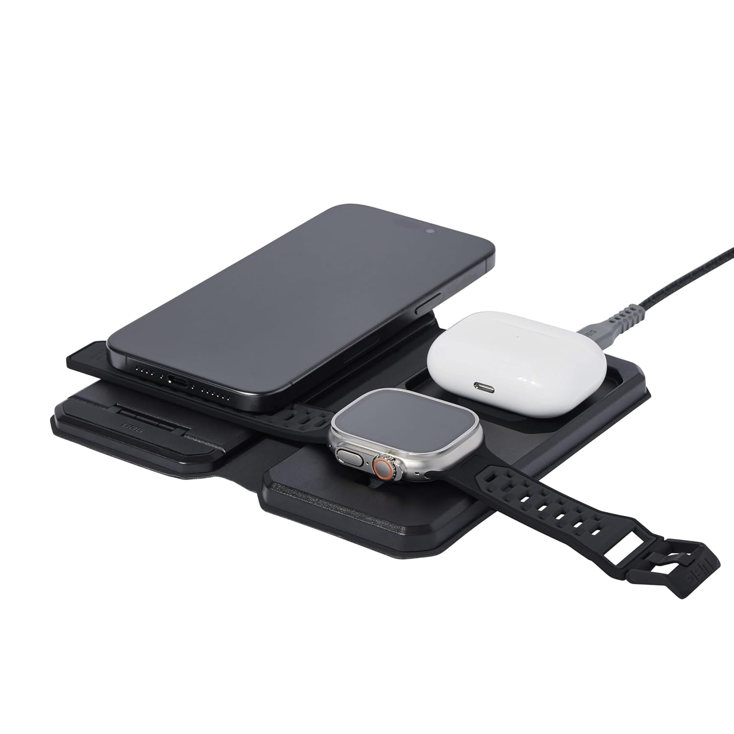 UAG 3-in-1 Travel Desktop Charger 15W Foldable Wireless Charging Station Compatible with MagSafe for iPhone 15, AirPods, Apple Watch, Black/Gray (25W USB-C PD Charger & Global Adapter Included)