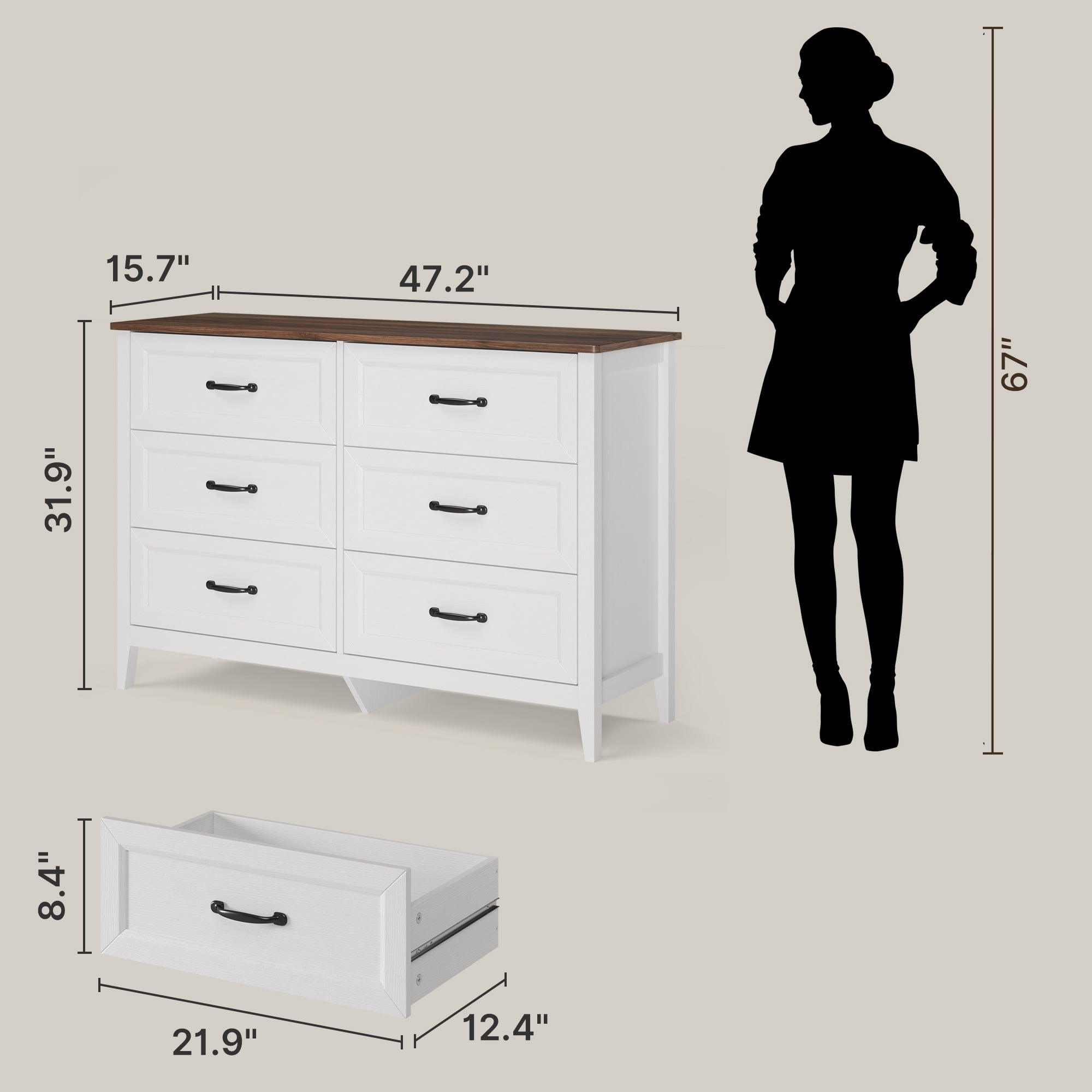 Dresser for Bedroom, Lofka 47.2" Wide Dresser TV Stand with 6 Drawers, Chests of Drawers for Living Room, White