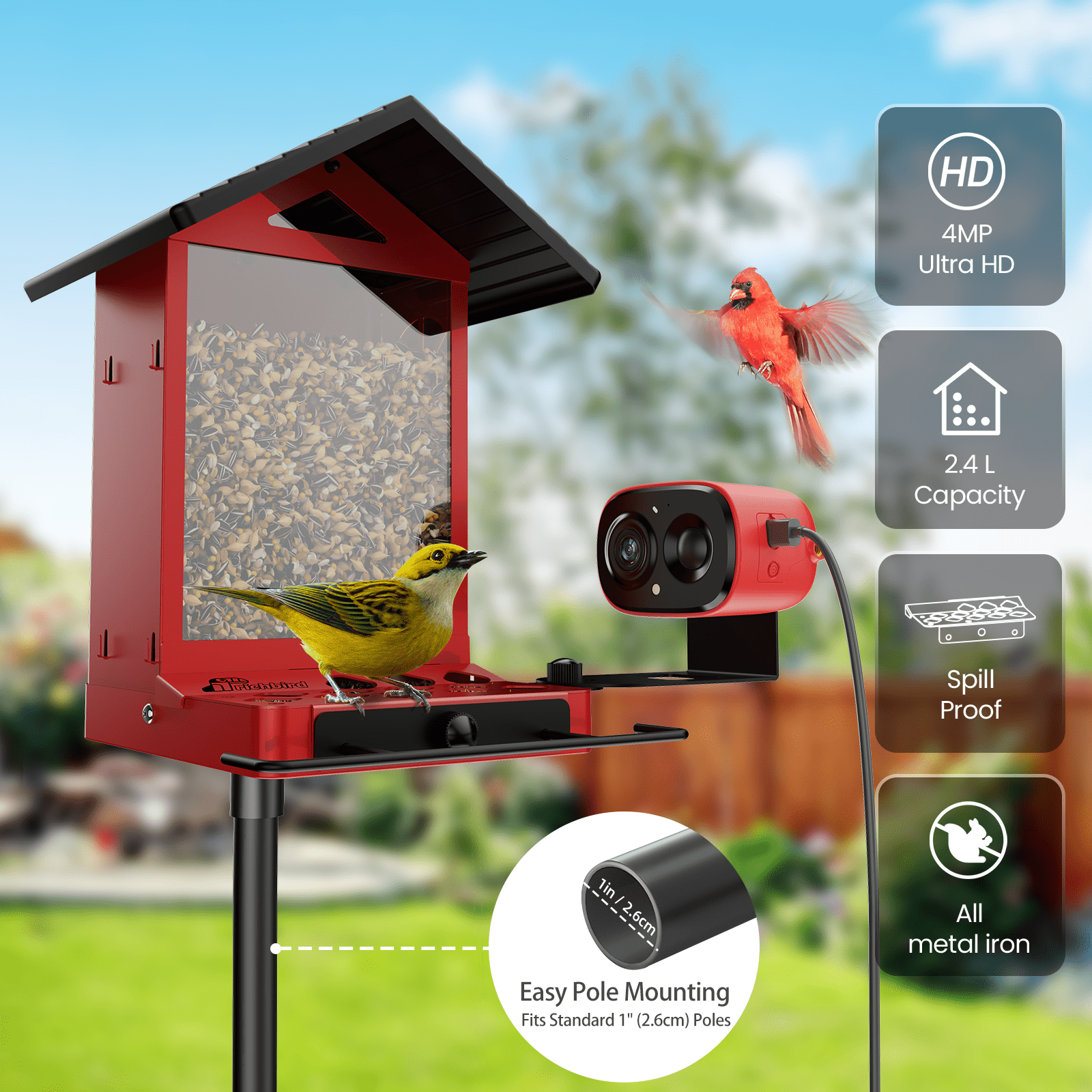 Coolfly x Richbird All-Metal Smart Bird Feeder with 2.5K HD Solar Camera, Squirrel-Resistant Large Capacity Bird House with Free AI Bird Identification & Phone Notifications - Red