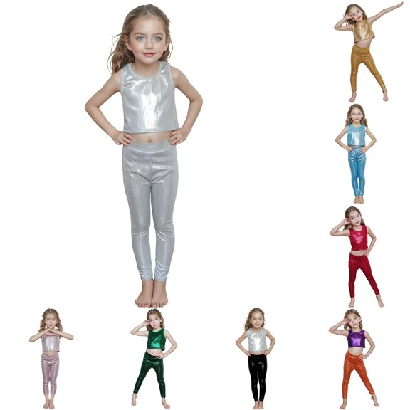 Girls Glitter Metallic Leggings Performance Dance Pants Stretchy Straight Leg Trousers Stage for Kids Athletic Wear Girls 5-6 Years