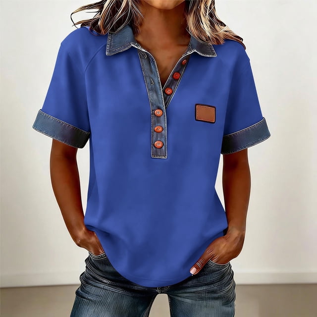 TaTaai 2026 Spring Women’s Denim Stitch Sweatshirt Lapel Collar Short Sleeve Loose Blouse Casual Solid Color Fashion Button Pullover Polyester Top Gift