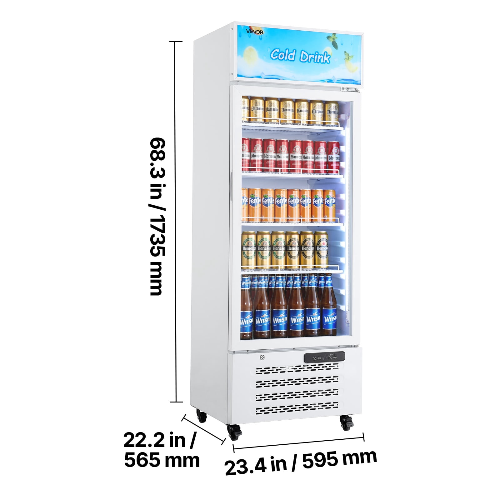 VEVOR Commercial Merchandiser Refrigerator, 9.6 Cu.Ft / 273 L Glass Door Display Refrigerator, Upright Beverage Cooler with Customizable Lightbox,4 Adjustable Shelves & Soft LED Light for Homes Shops