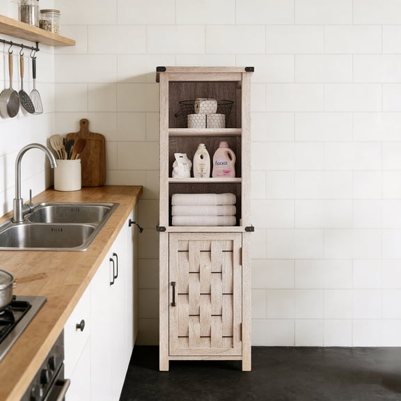 Narrow Farmhouse Storage Cabinet with Door and Adjustable Shelves for Corner Light Gray